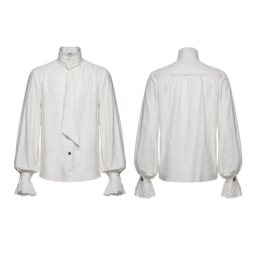 PUNK RAVE Men's Gothic Jacquard Bishop Sleeved Shirt with Detachable Tie White