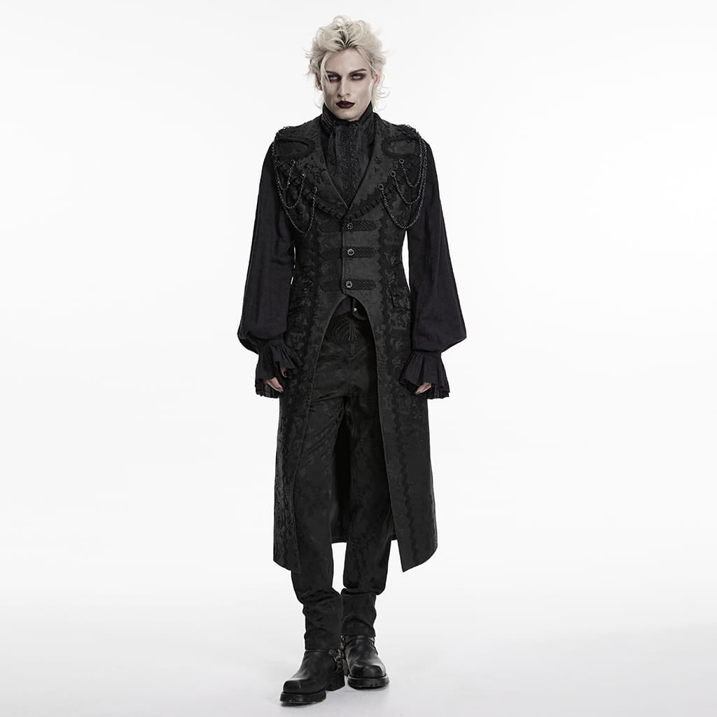 PUNK RAVE Men's Gothic Jacquard Chained Lapel Long Vest Black
