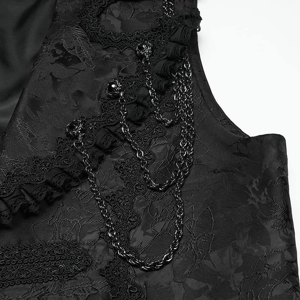 PUNK RAVE Men's Gothic Jacquard Chained Lapel Long Vest Black