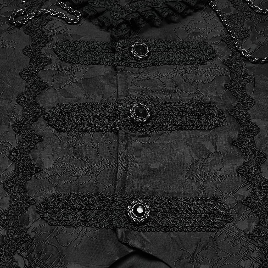 PUNK RAVE Men's Gothic Jacquard Chained Lapel Long Vest Black