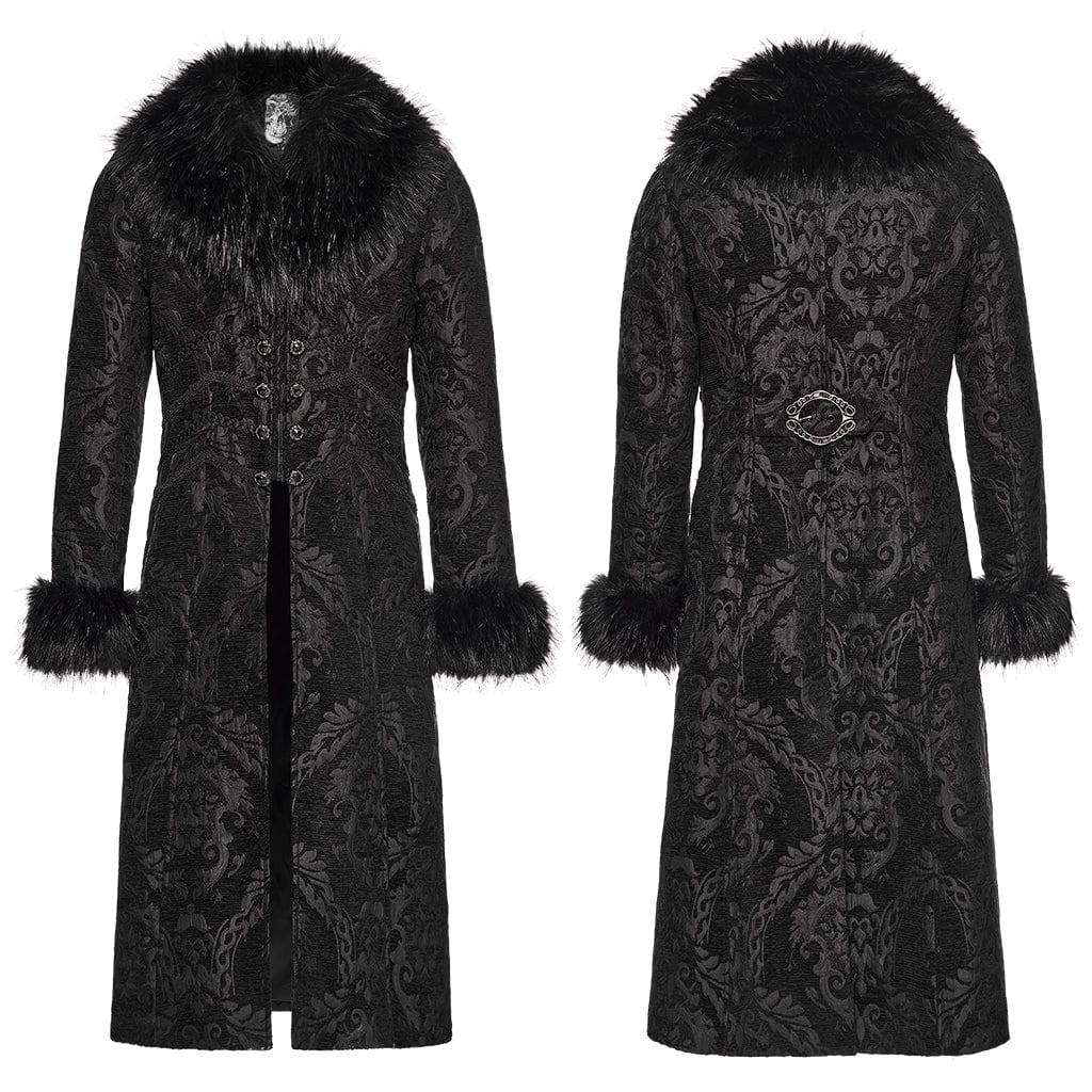 PUNK RAVE Men's Gothic Jacquard Fuax Fur Collar Coat