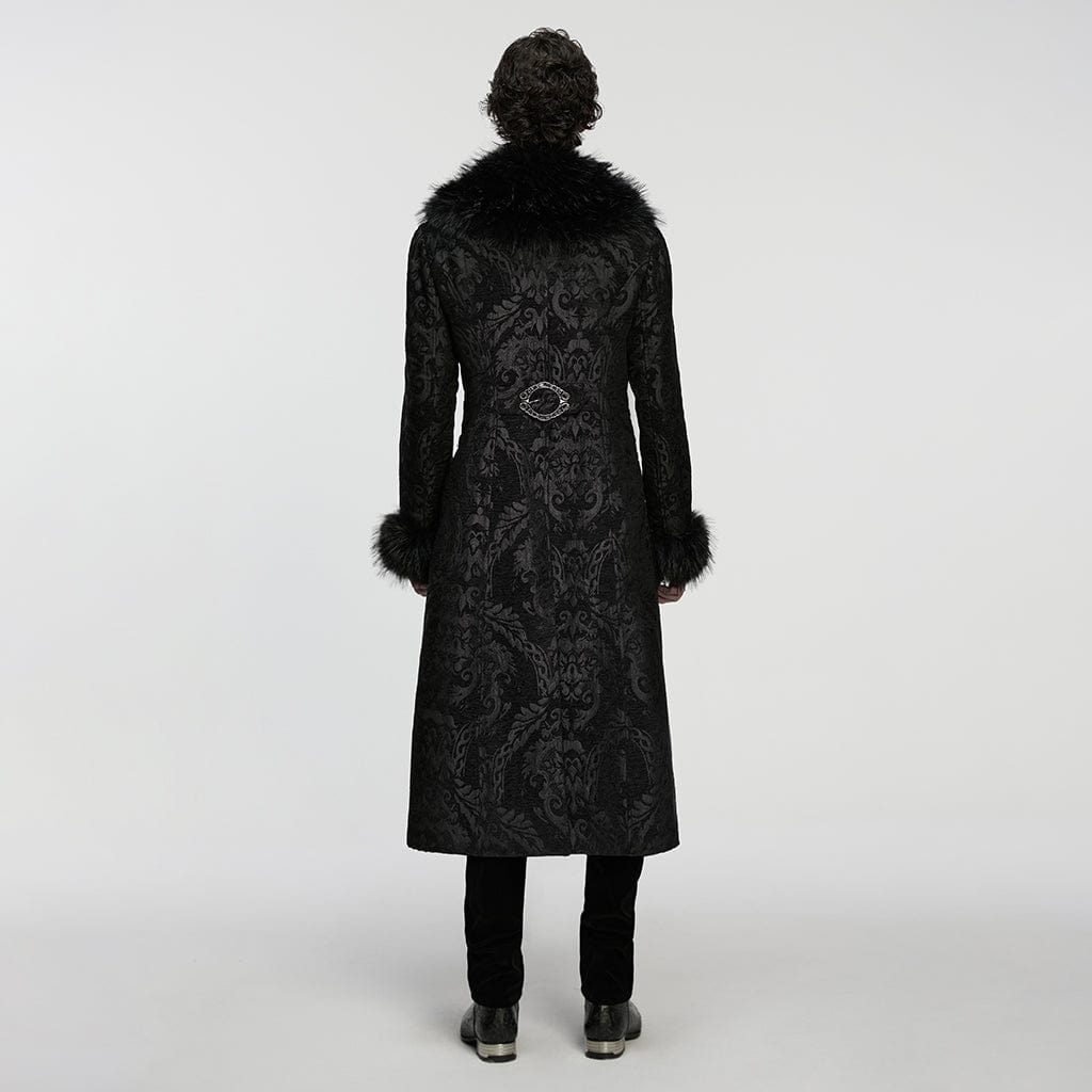 PUNK RAVE Men's Gothic Jacquard Fuax Fur Collar Coat
