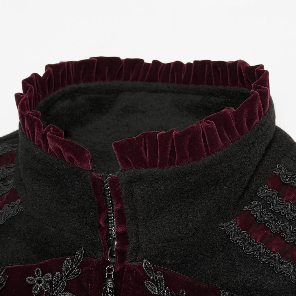 PUNK RAVE Men's Gothic Lace Applique Front Zipper Stand Collar Vest Black-Red