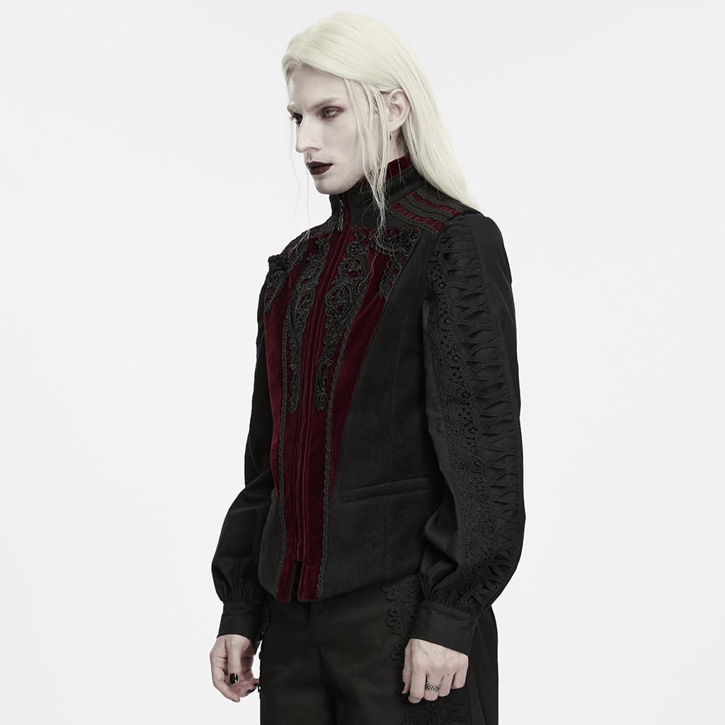 PUNK RAVE Men's Gothic Lace Applique Front Zipper Stand Collar Vest Black-Red