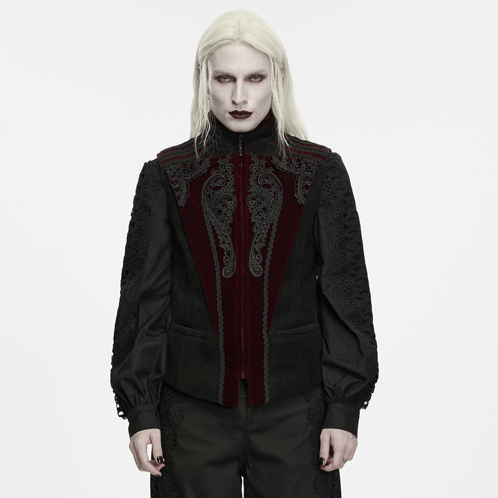 PUNK RAVE Men's Gothic Lace Applique Front Zipper Stand Collar Vest Black-Red