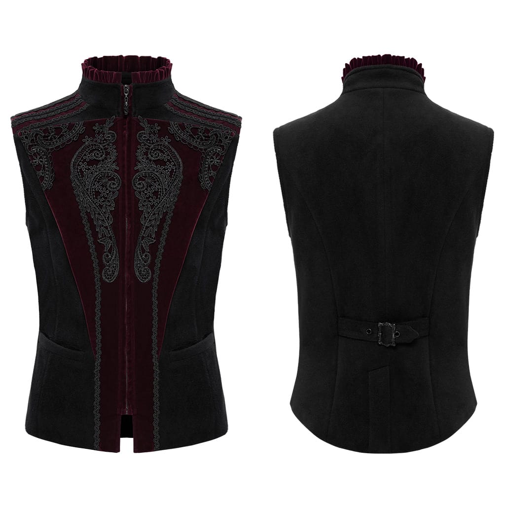 PUNK RAVE Men's Gothic Lace Applique Front Zipper Stand Collar Vest Black-Red
