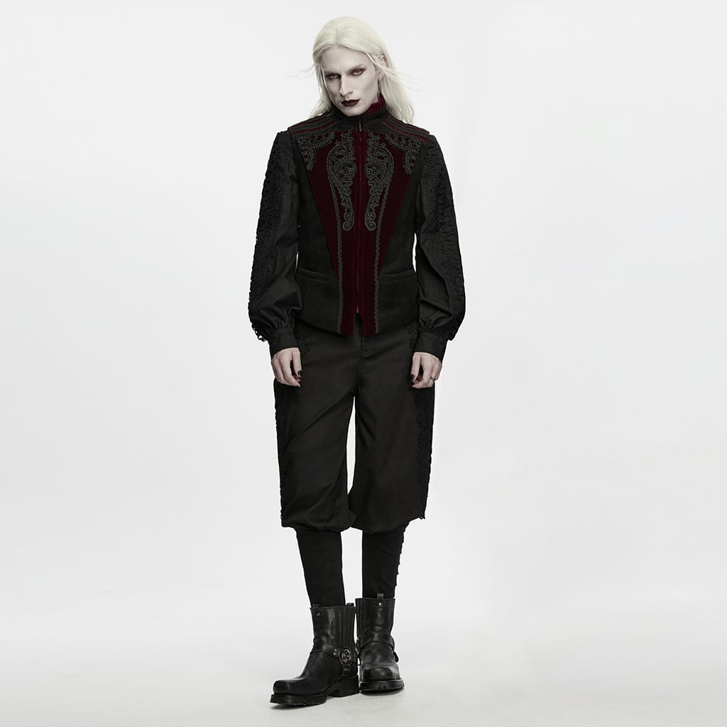 PUNK RAVE Men's Gothic Lace Applique Front Zipper Stand Collar Vest Black-Red