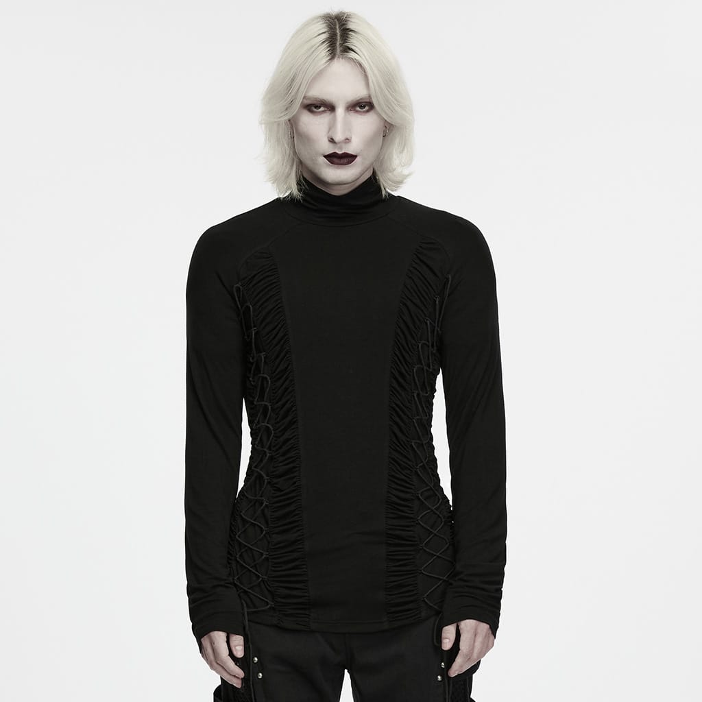 PUNK RAVE Men's Gothic Lace-up Ruched Turtle Neck Long Sleeve Top