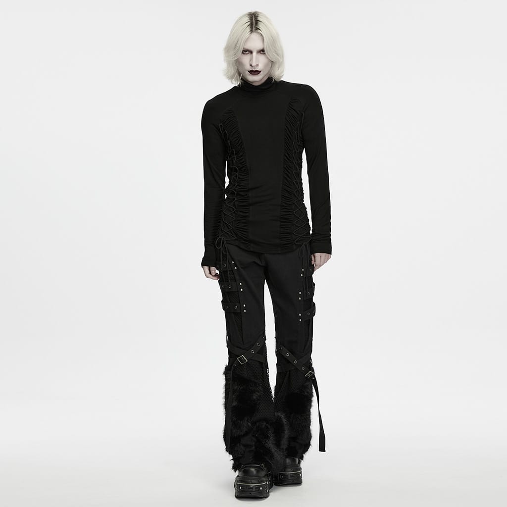 PUNK RAVE Men's Gothic Lace-up Ruched Turtle Neck Long Sleeve Top