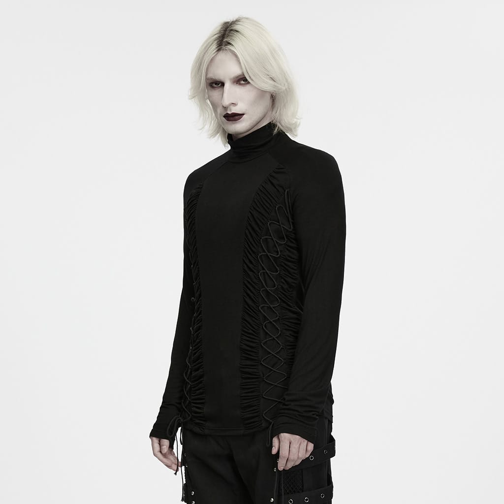 PUNK RAVE Men's Gothic Lace-up Ruched Turtle Neck Long Sleeve Top