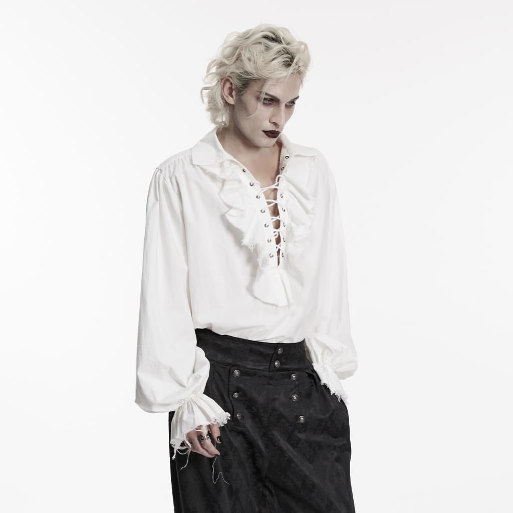PUNK RAVE Men's Gothic Lace-up Ruffled Bishop Sleeved Shirt White