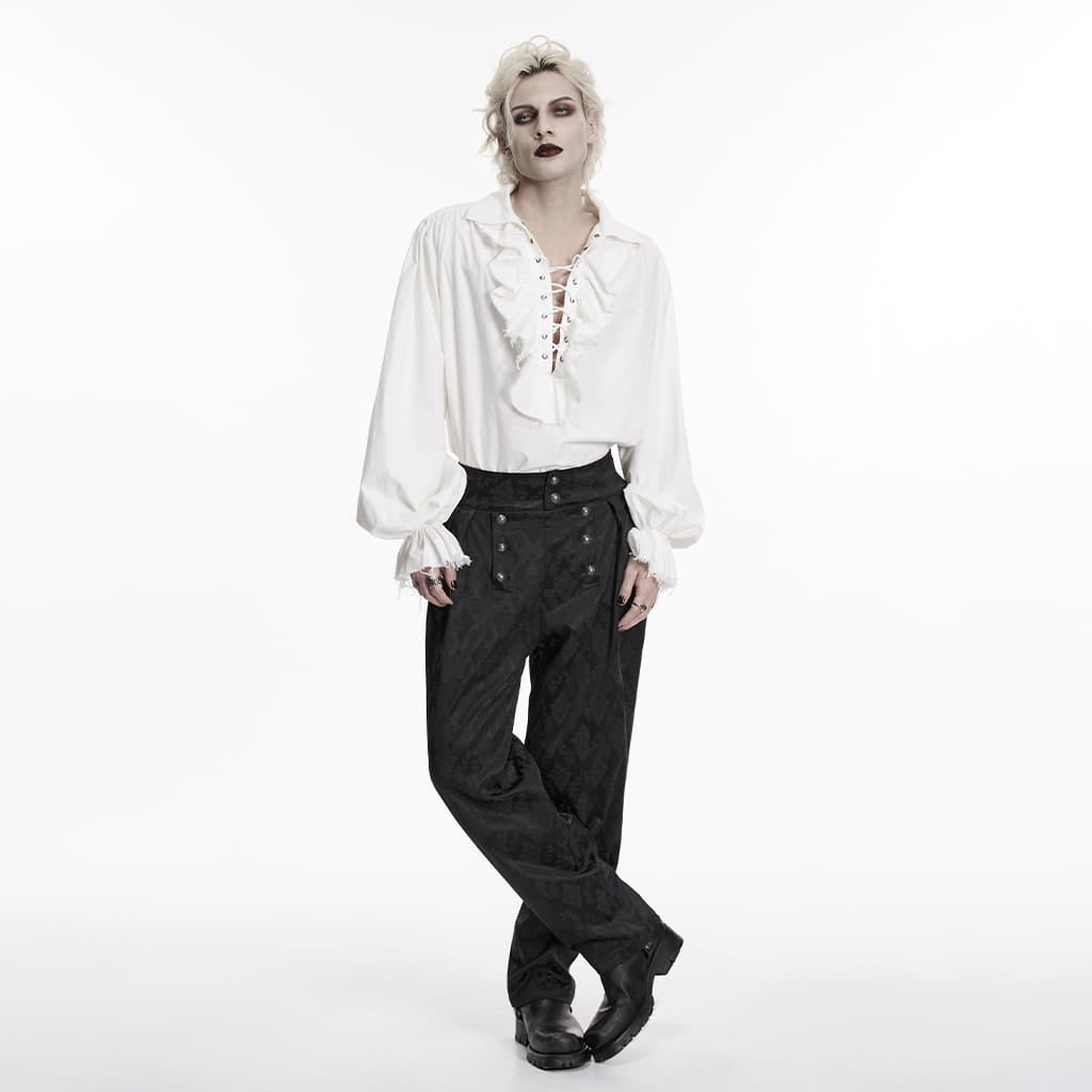 PUNK RAVE Men's Gothic Lace-up Ruffled Bishop Sleeved Shirt White