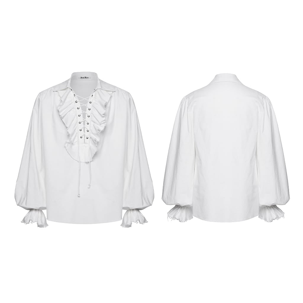 PUNK RAVE Men's Gothic Lace-up Ruffled Bishop Sleeved Shirt White