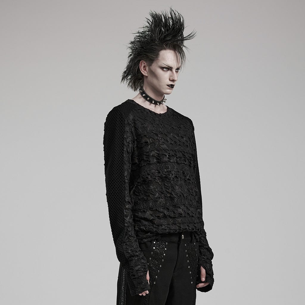 PUNK RAVE Men's Gothic Mesh Splice Long Sleeve Shirt