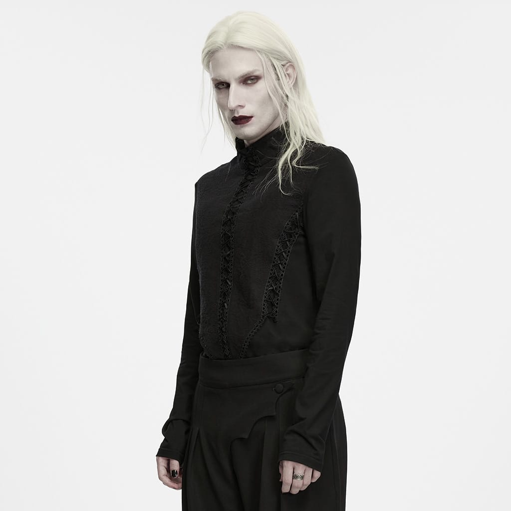 PUNK RAVE Men's Gothic Mock Neck Back Zipper Long Sleeve Top