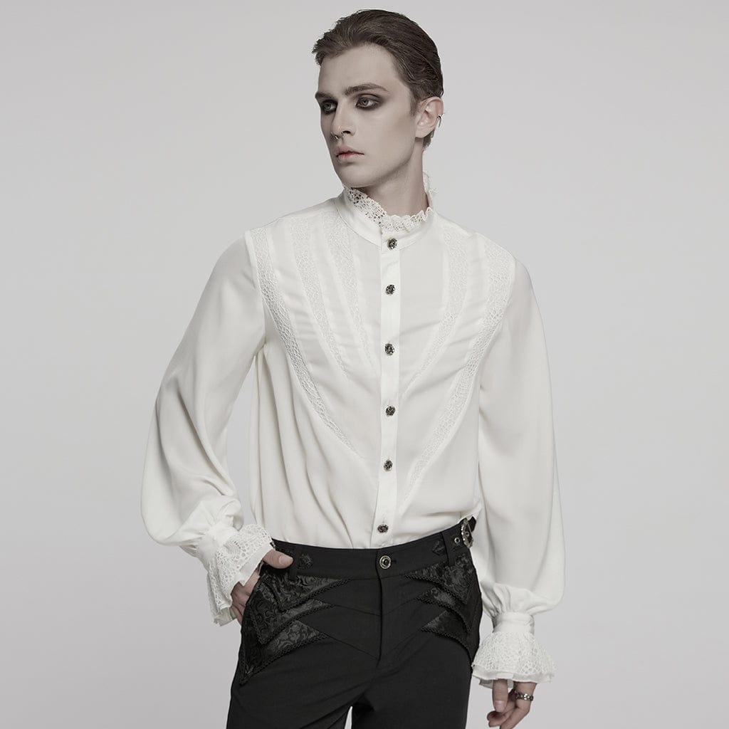 PUNK RAVE Men's Gothic Puff Sleeved Lace Splice Chiffon Shirt White