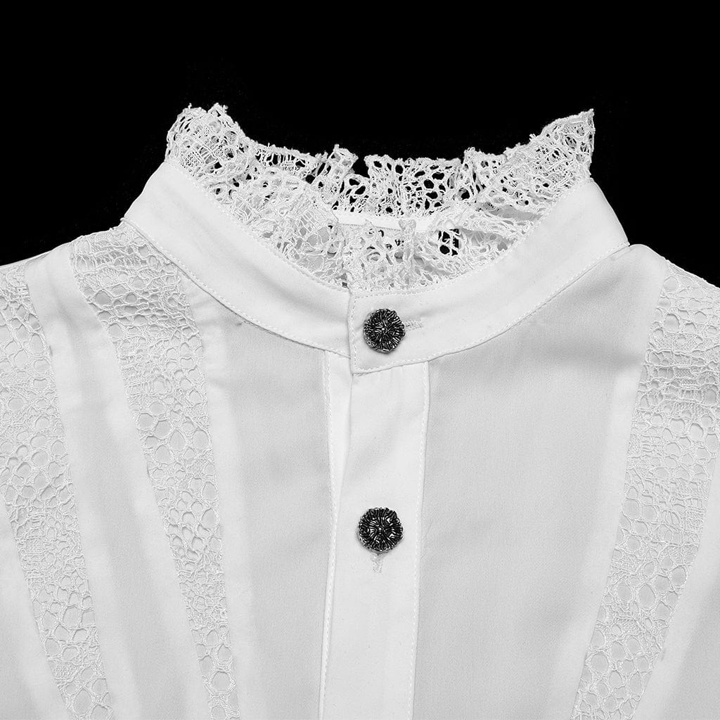 PUNK RAVE Men's Gothic Puff Sleeved Lace Splice Chiffon Shirt White