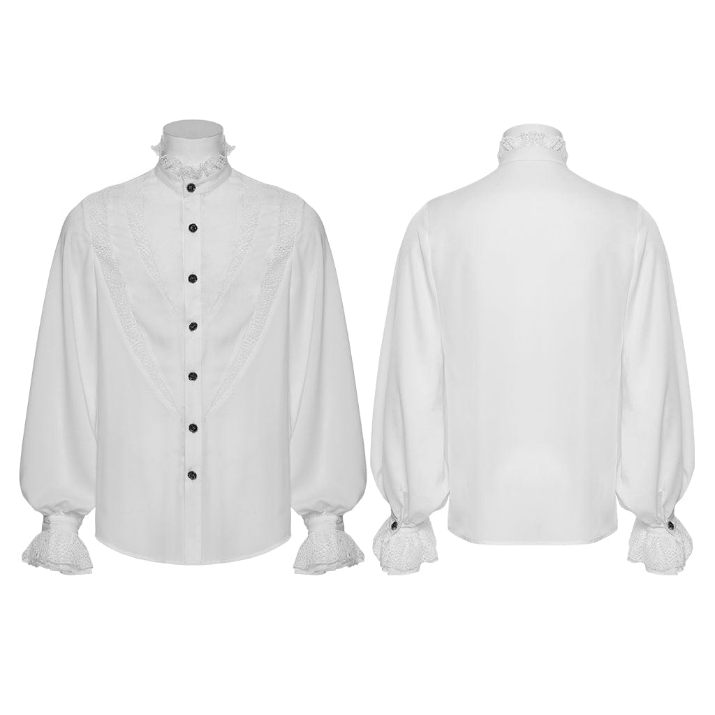 PUNK RAVE Men's Gothic Puff Sleeved Lace Splice Chiffon Shirt White