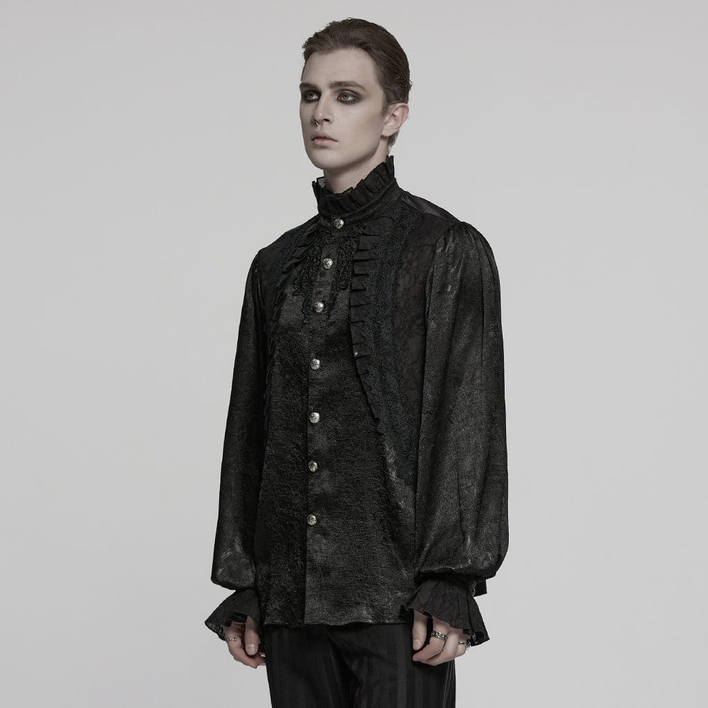 PUNK RAVE Men's Gothic Puff Sleeved Rose Ruffled Shirt Black