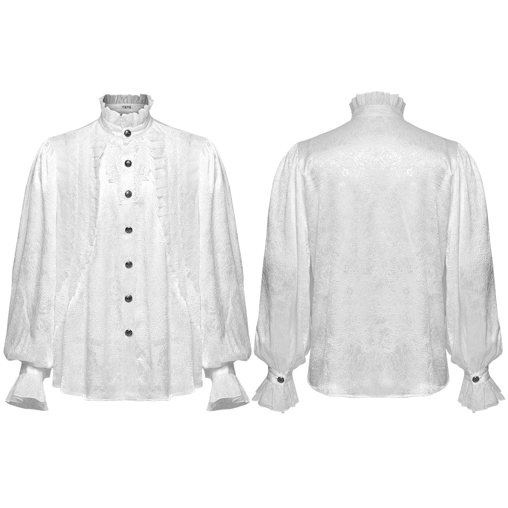 PUNK RAVE Men's Gothic Puff Sleeved Rose Ruffled Shirt White