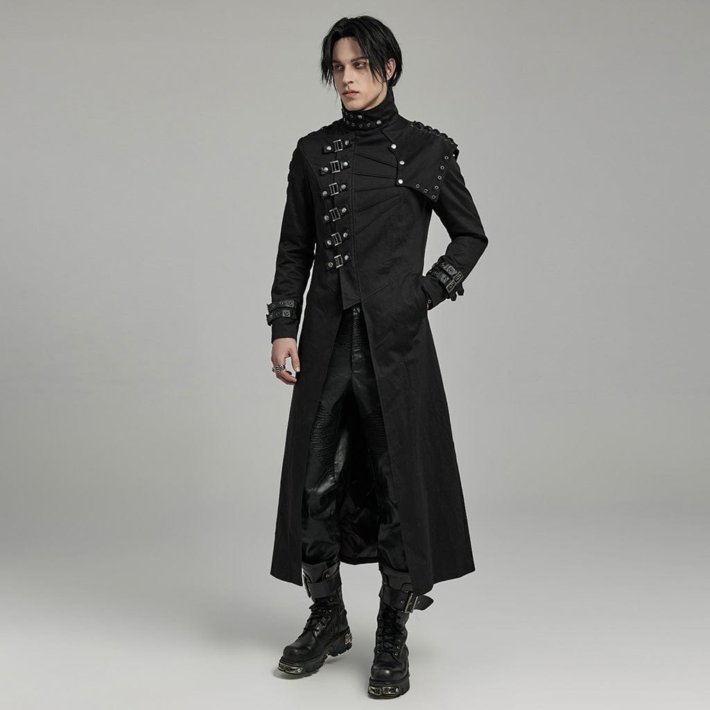 PUNK RAVE Men's Gothic Punk Multi-buckles Coat with Detached Shoulder Pad