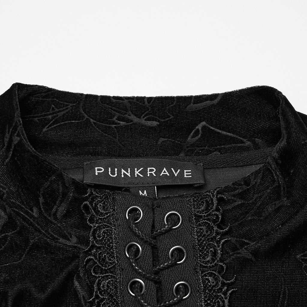 PUNK RAVE Men's Gothic Rose Embossed Lace-up Top Black