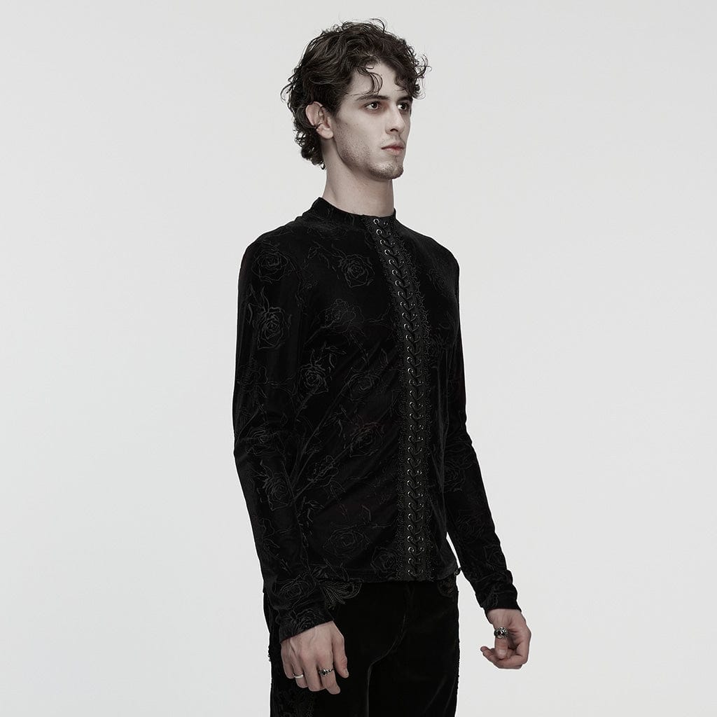 PUNK RAVE Men's Gothic Rose Embossed Lace-up Top Black