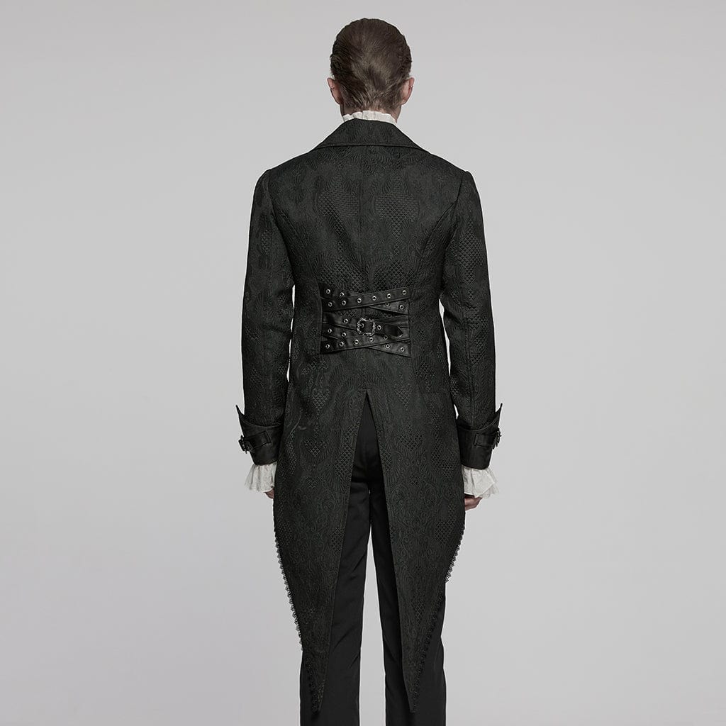 PUNK RAVE Men's Gothic Ruffled Lace Splice Jacquard Swallow-tailed Coat