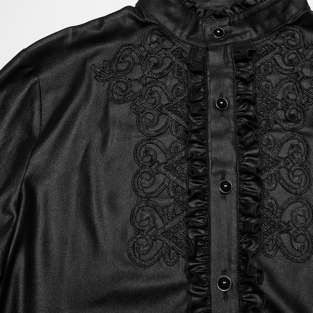 PUNK RAVE Men's Gothic Ruffled Stand Collar Embroidered Sheer Shirt Black