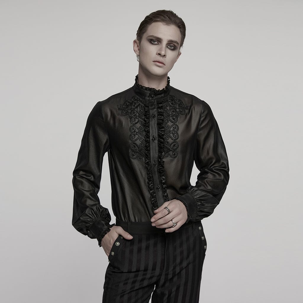 PUNK RAVE Men's Gothic Ruffled Stand Collar Embroidered Sheer Shirt Black