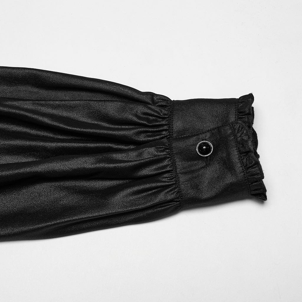 PUNK RAVE Men's Gothic Ruffled Stand Collar Embroidered Sheer Shirt Black