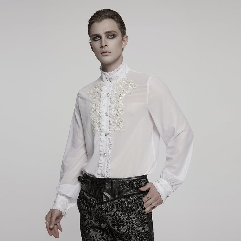 PUNK RAVE Men's Gothic Ruffled Stand Collar Embroidered Sheer Shirt White