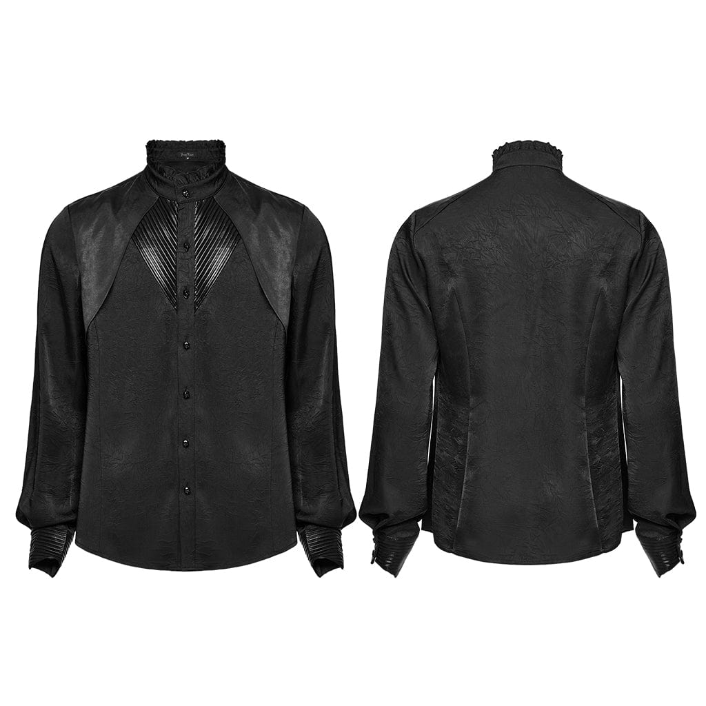 PUNK RAVE Men's Gothic Ruffled Stand Collar Pleated Shirt Black