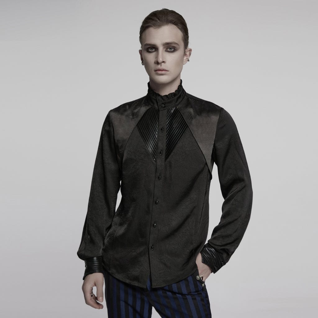 PUNK RAVE Men's Gothic Ruffled Stand Collar Pleated Shirt Black