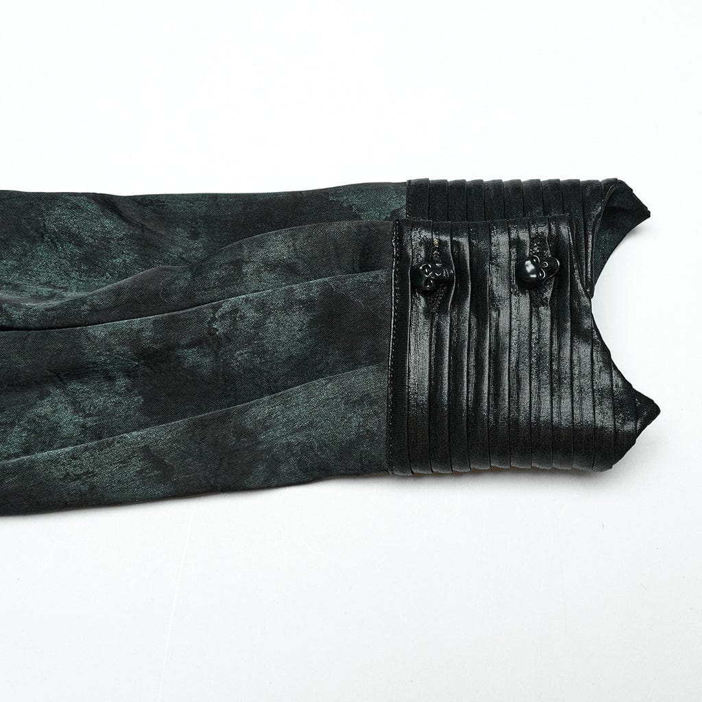 PUNK RAVE Men's Gothic Ruffled Stand Collar Pleated Shirt Green