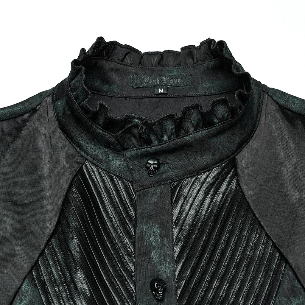 PUNK RAVE Men's Gothic Ruffled Stand Collar Pleated Shirt Green