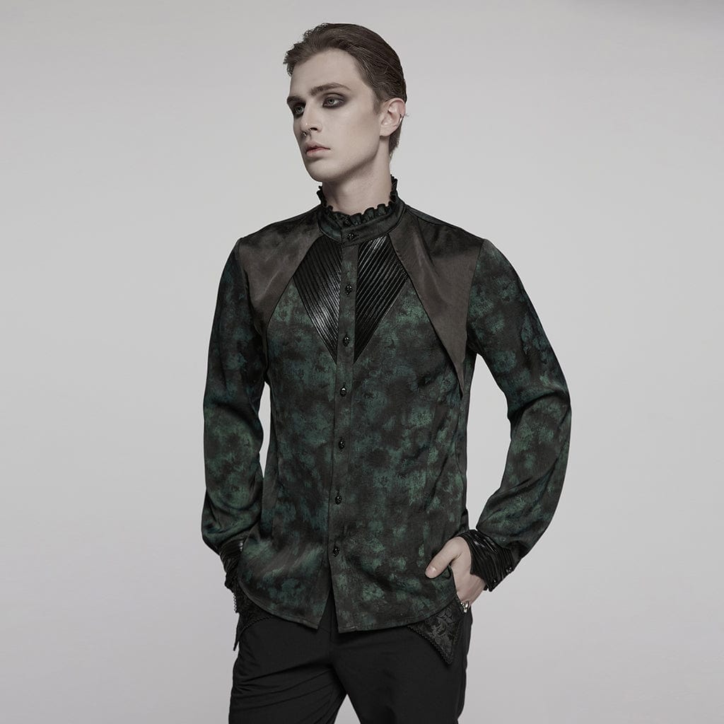 PUNK RAVE Men's Gothic Ruffled Stand Collar Pleated Shirt Green