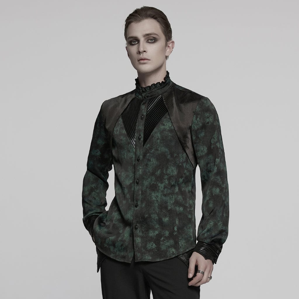 PUNK RAVE Men's Gothic Ruffled Stand Collar Pleated Shirt Green