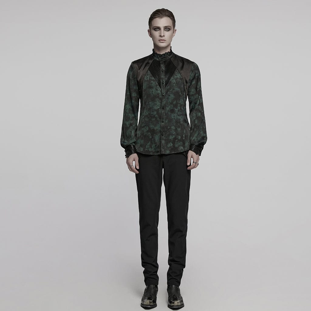 PUNK RAVE Men's Gothic Ruffled Stand Collar Pleated Shirt Green