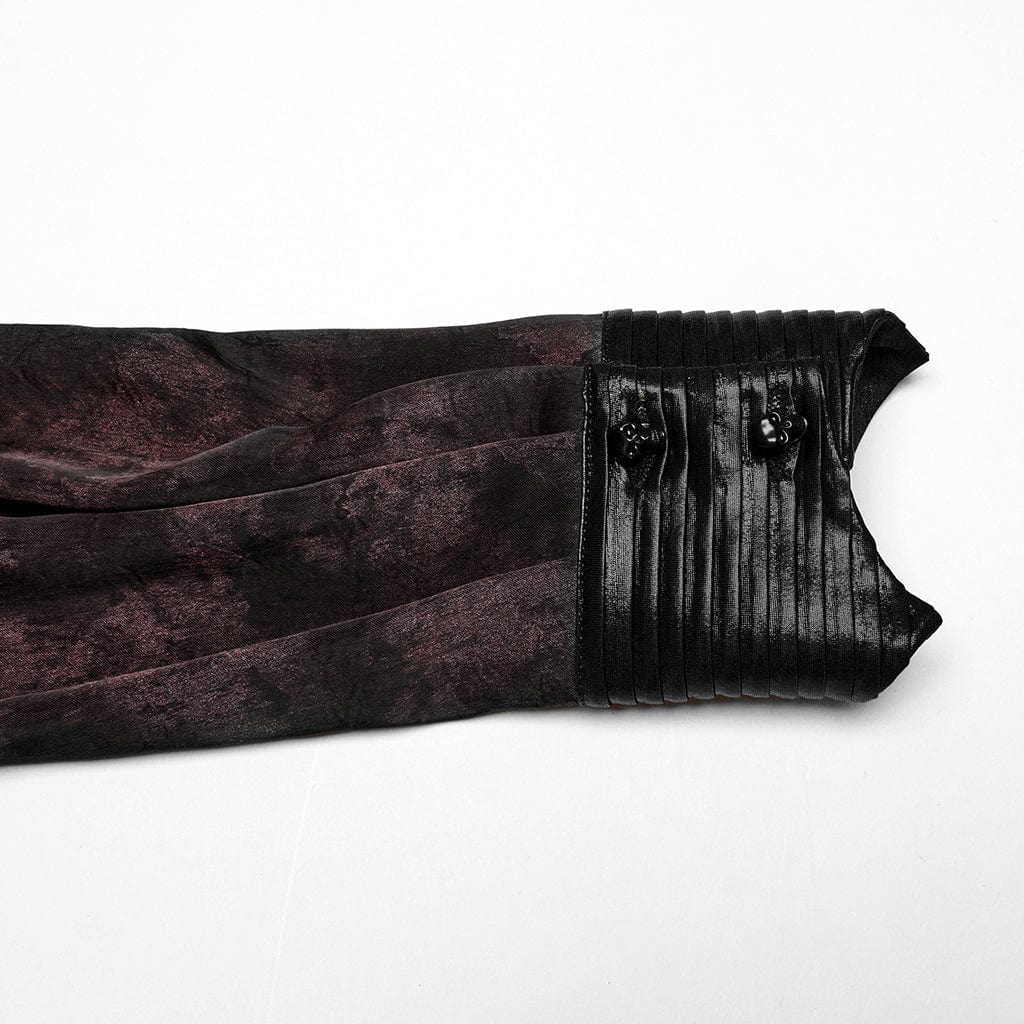 PUNK RAVE Men's Gothic Ruffled Stand Collar Pleated Shirt Red