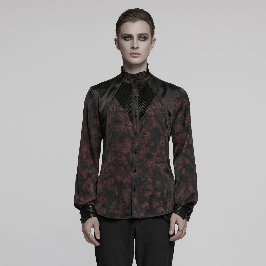 PUNK RAVE Men's Gothic Ruffled Stand Collar Pleated Shirt Red
