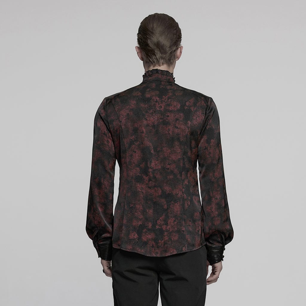 PUNK RAVE Men's Gothic Ruffled Stand Collar Pleated Shirt Red