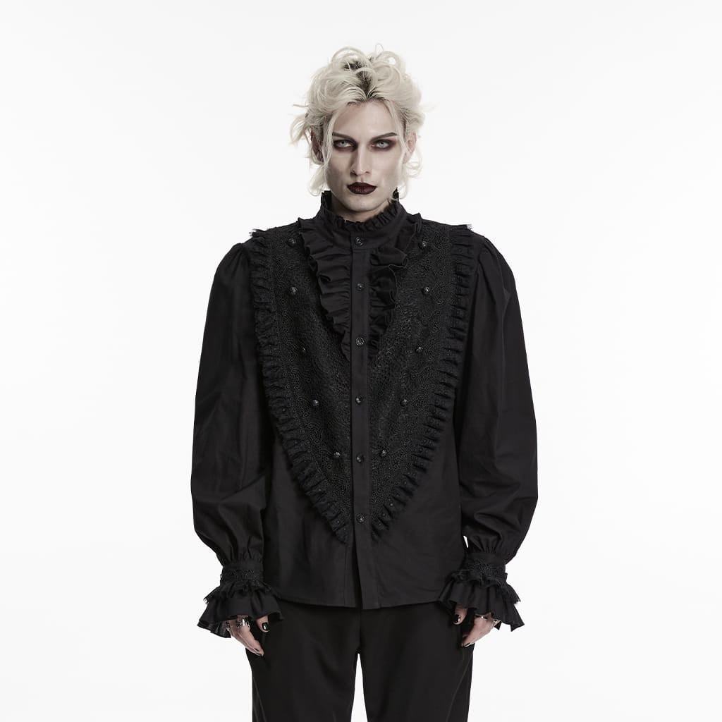 PUNK RAVE Men's Gothic Ruffled Stand Collar Puff Long Sleeved Shirt