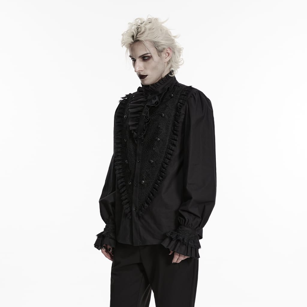PUNK RAVE Men's Gothic Ruffled Stand Collar Puff Long Sleeved Shirt