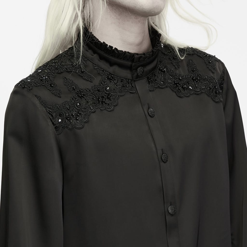 PUNK RAVE Men's Gothic Sequin Beaded Lace Applique Lantern Sleeve Shirt