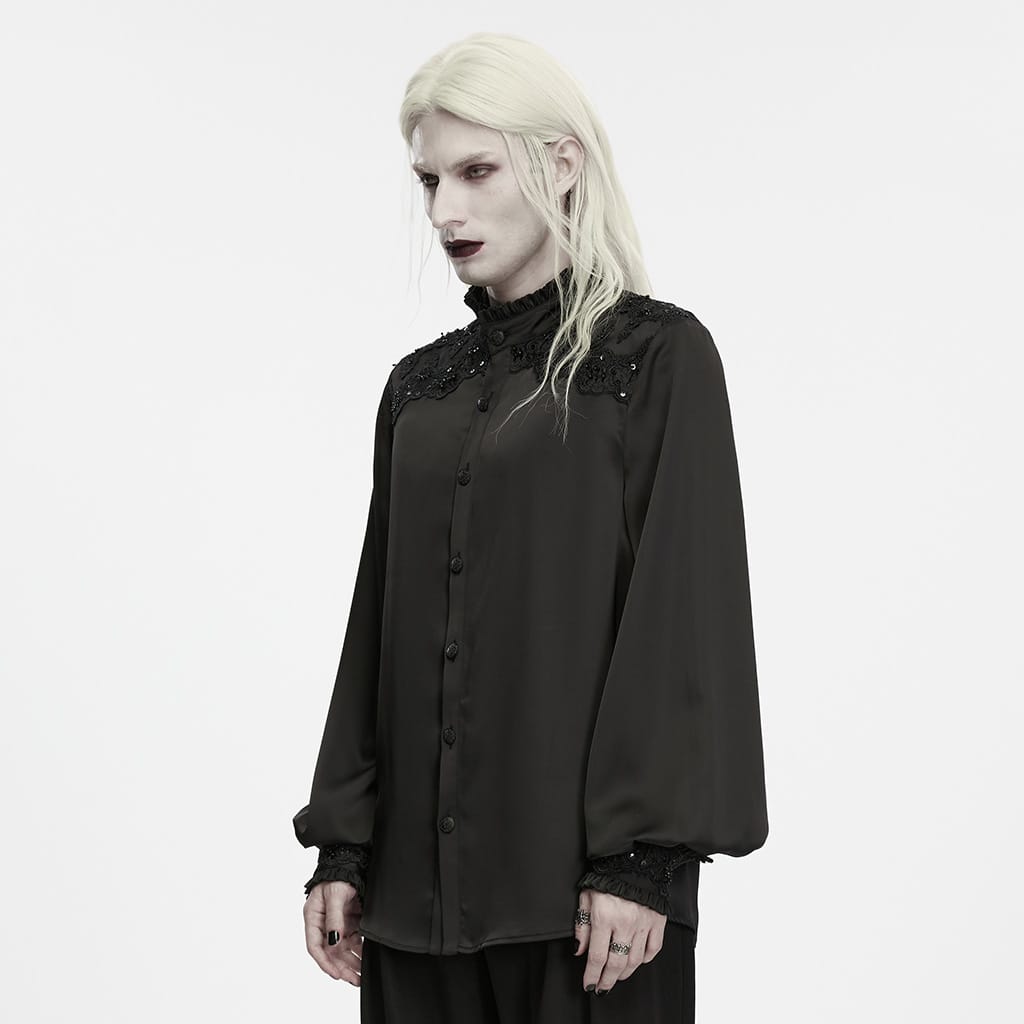 PUNK RAVE Men's Gothic Sequin Beaded Lace Applique Lantern Sleeve Shirt