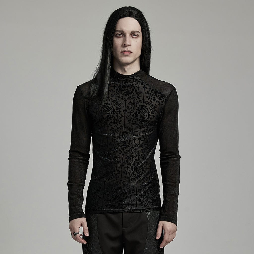 PUNK RAVE Men's Gothic Stand Collar Cross Flocking Shirt