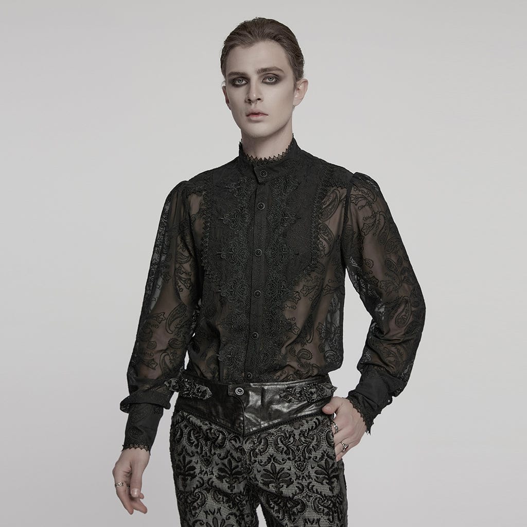 PUNK RAVE Men's Gothic Stand Collar Embroidered Sheer Chiffon Shirt Black