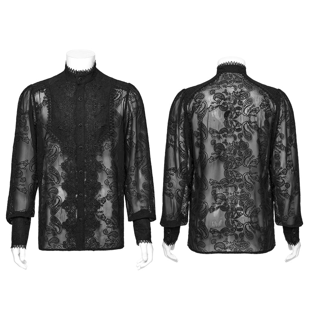 PUNK RAVE Men's Gothic Stand Collar Embroidered Sheer Chiffon Shirt Black