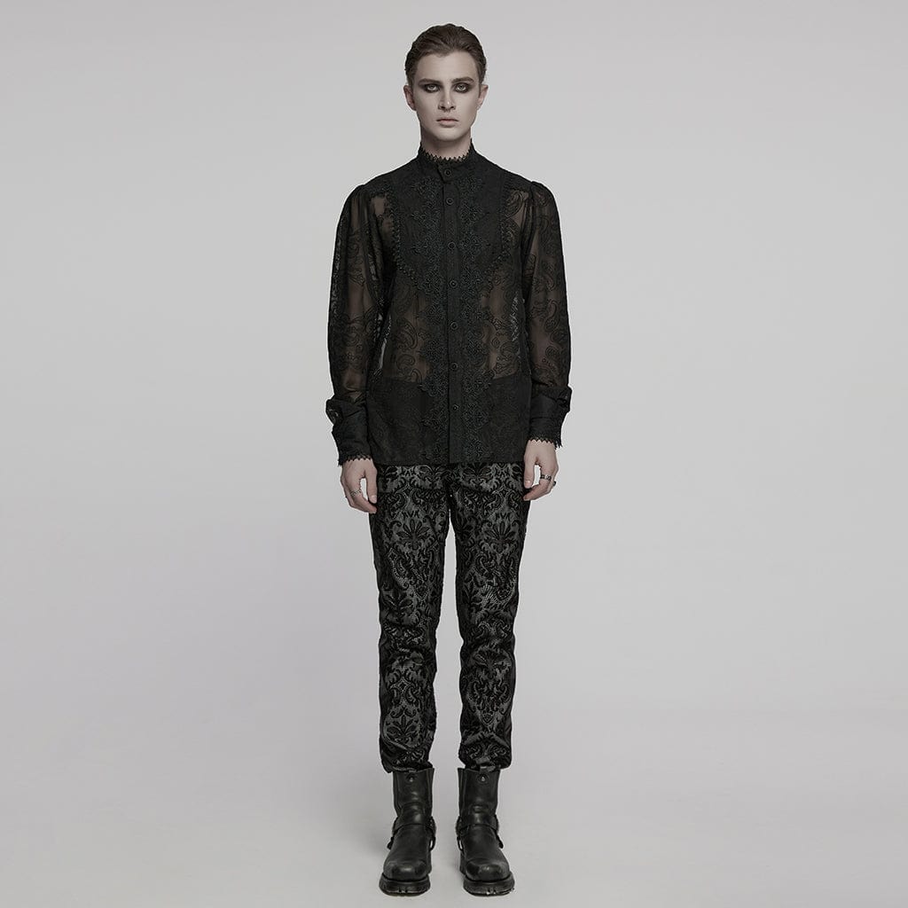 PUNK RAVE Men's Gothic Stand Collar Embroidered Sheer Chiffon Shirt Black